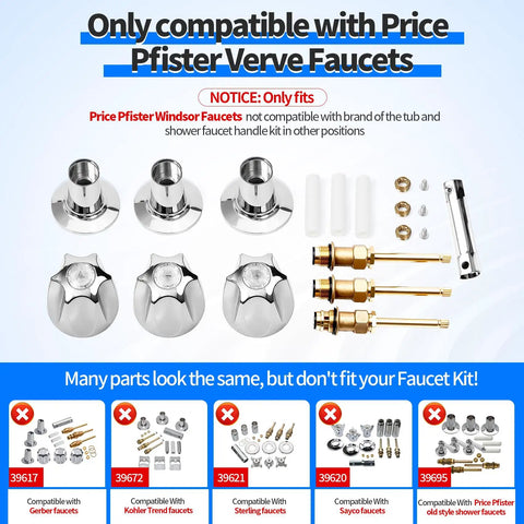 Three Handle Bathtub And Shower Remodel Kit For Verve Faucets with chrome knob handles and flange base compatibility notes.