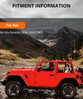 Red SUV parked outdoors with Fitment Information for Kia Sorento 2016-2020 FWD displayed on image