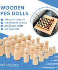 Top Shelf 40 Piece Unfinished Wood Peg People Family Set, Paintable Baltic Birch Craft Figures stacked on a blue background.