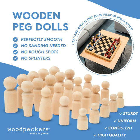Top Shelf 40 Piece Unfinished Wood Peg People Family Set, Paintable Baltic Birch Craft Figures stacked on a blue background.