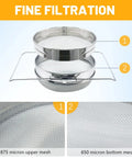 Pro Grade Stainless Steel Honey Strainer With Dual Sieves For Beekeeping And Honey Extraction, showing upper and bottom mesh details
