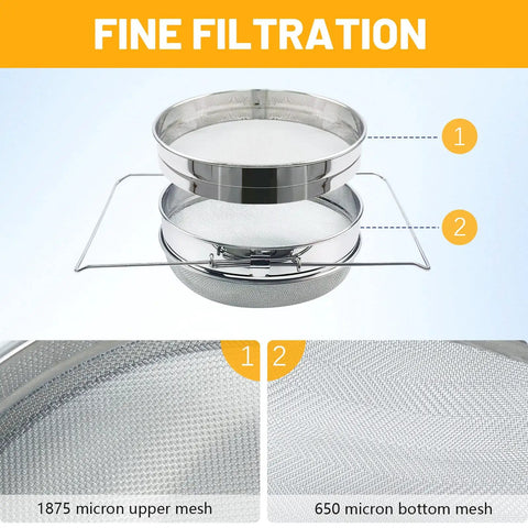 Pro Grade Stainless Steel Honey Strainer With Dual Sieves For Beekeeping And Honey Extraction, showing upper and bottom mesh details