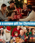 Group of people exchanging Christmas gifts in festive setting with decorated tree and holiday attire