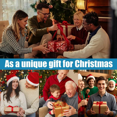 Group of people exchanging Christmas gifts in festive setting with decorated tree and holiday attire