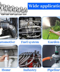 Ultimate 120 Piece Stainless Steel Hose Clamp Kit For Auto Home And Garage Use, Worm Gear Clamps showing various applications in automotive, garden, home, industry, and pipeline settings