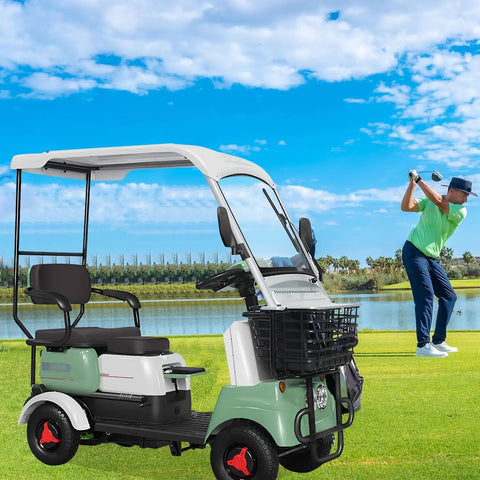 Buffed 650W Electric Golf Cart With Sweet 13 Mph Speed And Bountiful 440 Lb Load Capacity parked by a golf course.