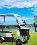 Beefy 800W Electric Golf Cart With 60V 32Ah Battery, side view, two seats, knobby 13 inch tires, equipped for smooth travel.