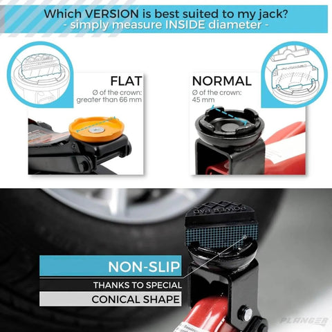 Comparison of Daimnd Heavy Duty Rubber Jack Pad for Mercedes Benz in flat and normal versions showing non-slip feature