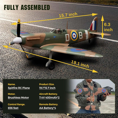 Brushless 4 Channel Spitfire Fighter RC Plane 500mm with 6 Axis Gyro XPilot Stabilizer displayed on asphalt, dimensions shown.
