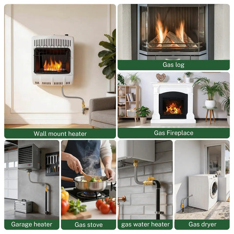 Collage of appliances using All In One Gas Appliance Hook Up Kit With Twenty Four Inch Flexible Stainless Steel Gas Line And One Half Inch Brass Shut Off Valve With Fittings For Tankless Water Heaters Dryers Stoves And Ranges Install, including wall heater, gas log, fireplace, garage heater, stove, water heater, and dryer.