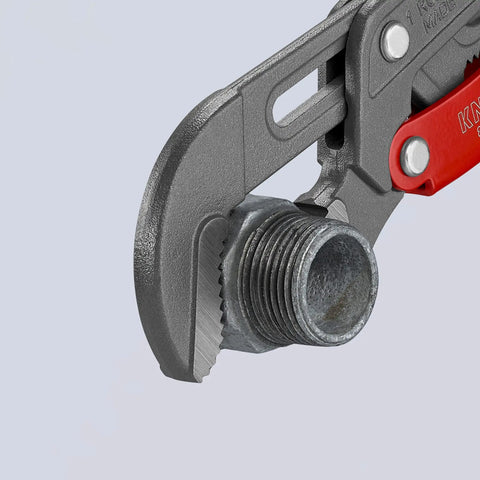 Close-up of the jaw of Rapid Adjust Swedish Pipe Wrench 12 Inch Quick Button Adjustment gripping a pipe, highlighting its induction hardened teeth.