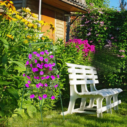 Heavy Duty 47 By 16 Inch A Frame Garden Trellis for climbing flowers with netting, placed in a lush garden near a white bench.