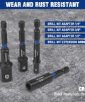 Close-up of 39-piece magnetic nut driver set with 1/4, 3/8, 1/2 inch adapters, showing CR-V steel construction and black finish.