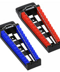 Gotta Keep Your Shop Super Tidy With This Heavy Duty 2 Piece Wrench Holder Rack Set Featuring Slam Lock Grips For SAE And Metric Tools Wall Mount Garage Organizers, blue and red two piece ABS racks.
