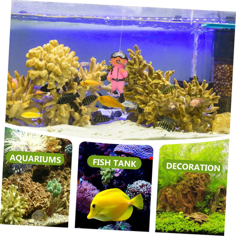 Two Pack Floating Diver Ornaments For Aquariums with realistic scuba diver figurines among coral and fish in a fish tank
