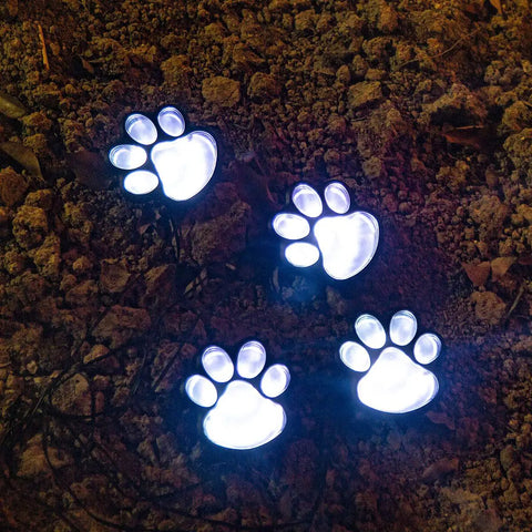 Dog And Cat Paw Print Solar Lights Set Of 4 for Outdoor Pathway glowing on a garden path at night