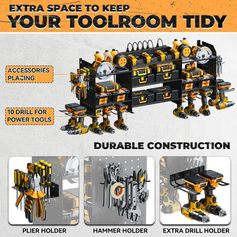Premium Wall Mount Power Tool Organizer With Charging Station And 6.5-Foot Power Strip Ten Drill Holders Dual Layer Storage Rack displayed in workshop setting