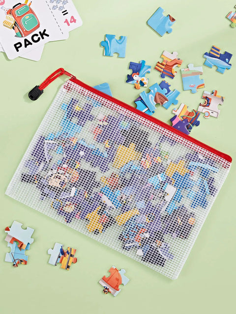 20 Pack Zipper Mesh Document Pouches Set, 6 By 9 Inch A5, with puzzle pieces inside on a green background