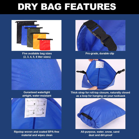 Ultralight 5 Pack Waterproof Dry Bags Set for Backpacking Hiking Camping Boating and Travel with size, material details.