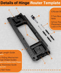 Hinge Mortiser Kit For Doors And Frames components on display, including router bit, hinge length guide, and lock-in pins.