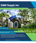 Lawn mower on grass with D&M Supply Inc banner in background, promoting mowers, tractors, and farm implements.