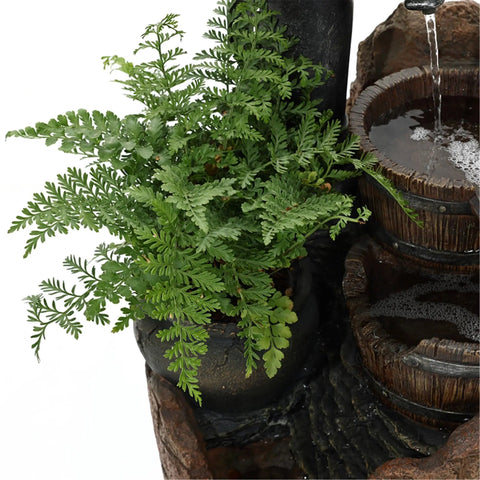 Close-up of Outdoor Cascading Water Fountain With Pump Included For A Chill Backyard Oasis, Durable Polyresin And Fiberglass Garden Feature, with greenery