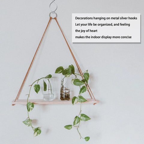 Wooden shelf with glass jars and plant hanging on metal hooks, with a text about organization and indoor display on the right