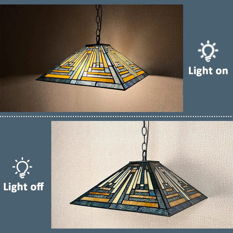 Blue Tiffany Style Mission Pendant Light 16 Inch Hanging Lamp With Stained Glass Two Light Antique Ceiling Fixture for ambient lighting