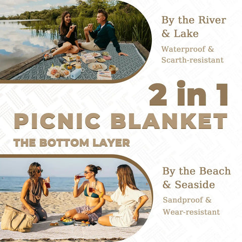 2 In 1 Extra Large 80 Inch By 80 Inch Waterproof Outdoor Picnic Blanket by lake and beach settings