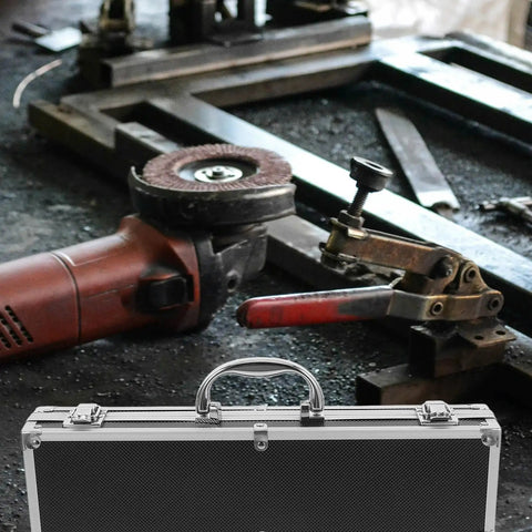 Durable Aluminum Tool Organizer Box With Secure Twist Latches Portable Travel Case Scratch Proof Exterior on a workshop bench.