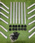 Outdoor Indoor Batting Cage Frame Kit 55 X 14 X 12 Inches With 1-1/2 Inch Steel Frame Corners on grass, parts displayed