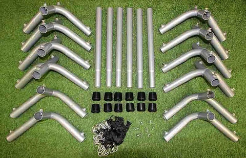 Outdoor Indoor Batting Cage Frame Kit 55 X 14 X 12 Inches With 1-1/2 Inch Steel Frame Corners on grass, parts displayed