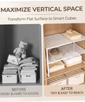 Heavy Duty Expandable Closet Shelf And Stackable Cabinet Organizer Set Black Adjustable Vertical Divider Rack Max Out Your Storage Setup And Knock Down Clutter Without Any Sagging Or Wobbles displayed in before and after organizational transformation.