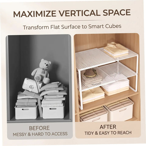 Heavy Duty Expandable Closet Shelf And Stackable Cabinet Organizer Set Black Adjustable Vertical Divider Rack Max Out Your Storage Setup And Knock Down Clutter Without Any Sagging Or Wobbles displayed in before and after organizational transformation.