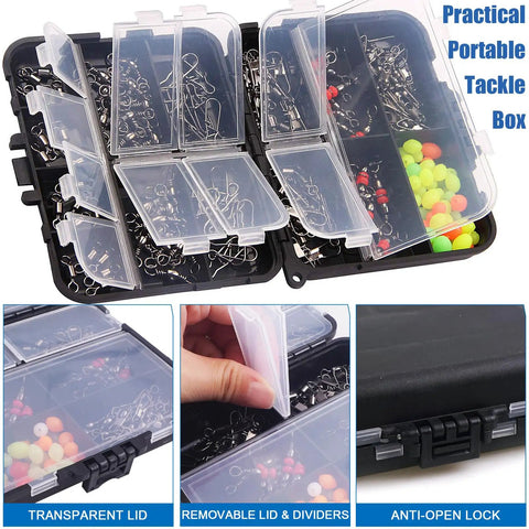 Must Have Pocket Fishing Kit With 140 Pcs Swivels And Snaps, 6 High Strength Types Plus Beads, Heavy Duty Metal Construction Stored In Clear Plastic Box For Quick Access On Freshwater And Saltwater Angling, clear tackle box open