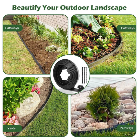 Four Inch Tall Landscape Edging Kit For Garden Borders 40 Ft Black Plastic Border With Sixty Anchoring Spikes in garden setting
