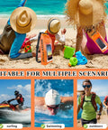 Beach scene with IP68 Waterproof Roll Top Dry Bag 2L With Phone Pouch for kayaking, boating, and camping, large orange bag.