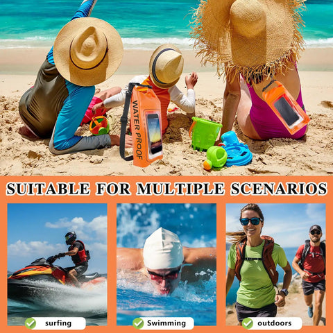 Beach scene with IP68 Waterproof Roll Top Dry Bag 2L With Phone Pouch for kayaking, boating, and camping, large orange bag.
