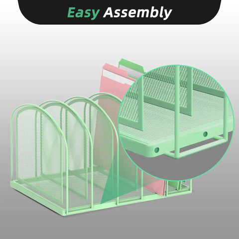 Five Section Mesh Desk Organizer And Vertical File Holder For Desktop Mint Green shown with easy assembly features