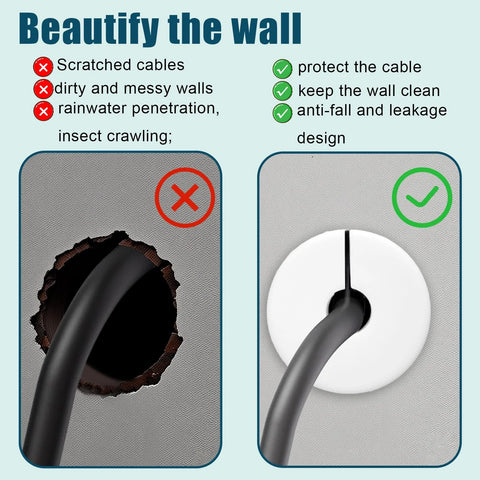 Comparison of wall cable openings with and without Set Of Four White Three Quarter Inch Cable Grommets For Wall Hole Pass Throughs