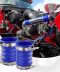 Front view of blue silicone charge-air cooler hump hoses with T-bolt clamps, 4-piece set, 4 in ID for semi trucks