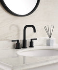 Matte Black 8 Inch Widespread Bathroom Sink Faucet With Pop Up Drain Modern High Arc Two Handle Vanity Faucet 360 Degree Swivel Brass Spout