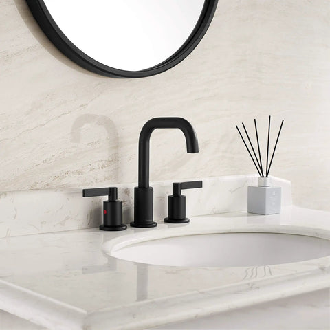 Matte Black 8 Inch Widespread Bathroom Sink Faucet With Pop Up Drain Modern High Arc Two Handle Vanity Faucet 360 Degree Swivel Brass Spout
