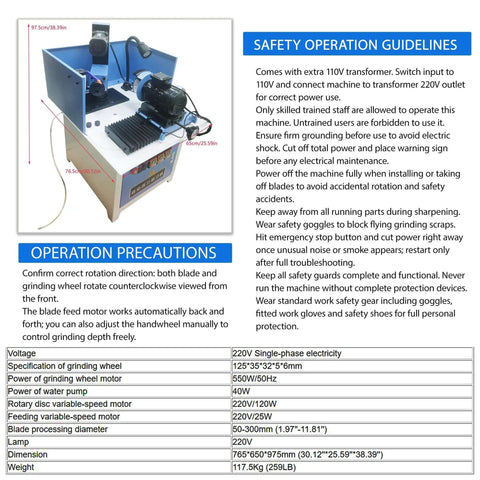 Heavy Duty Automatic Circular Saw Blade Sharpener And Round Grinding Machine, 220V with safety guidelines and specifications.