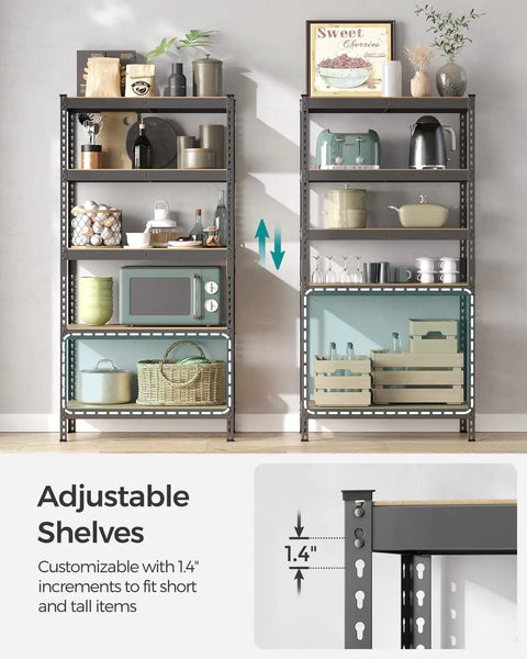 Hella Sturdy Five Tier Storage Shelves Heavy Duty Adjustable Metal Rack No Sweat Boltless Assembly Rock Solid Design Top Shelf Organization For Garages Basements Holds Thousands Of Pounds Gray And Beige