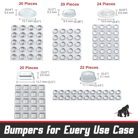 Transparent Adhesive Bumper Pads All In One 106 Piece Set with round, spherical, and square cushions displayed with dimensions.
