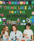Three children in lab coats with science bulletin board reading 'Think Like a Proton' from 56Pcs Science Bulletin Board Decorations Set