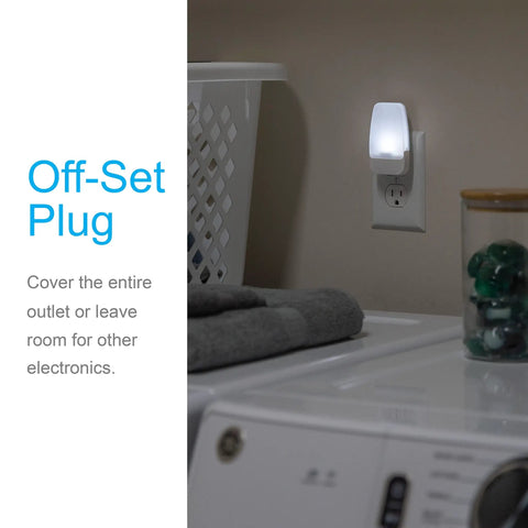 Plug In Wall Night Lights With Dusk To Dawn Sensor Ambient Cool White Lighting for Bedroom and Bathroom Decor showing offset plug design