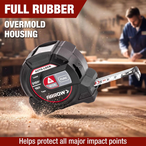 2-in-1 Laser Tape Measure With 215 Ft Laser Distance Meter And 16 Ft Manual Tape For Quick Long Range And Precise Short Range Readings, Durable Handheld Tool For Builders And DIYers. full rubber overmold housing view