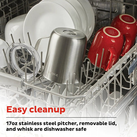 Nine Function Electric Milk Steamer And Frother With 17oz Stainless Pitcher in dishwasher with dishes and cups